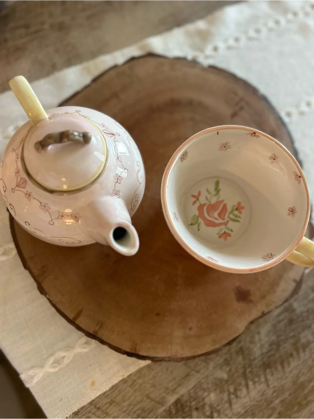 Vintage Fairy Pink Floral Porcelain Teapot and Cup Set With Handmade Design